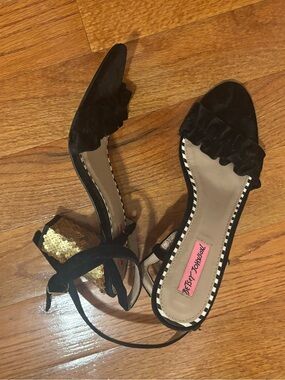Betsey Johnson Black Ruffle Ankle-Tie Block Heel Sandals with Gold Sequin Heel